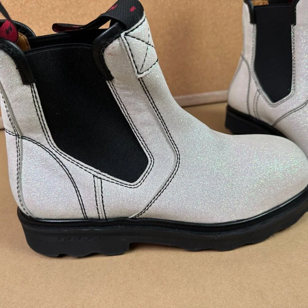 Marni White Glitter Sparkle Chelsea Pull On Boots EU 40 / US Womens 10